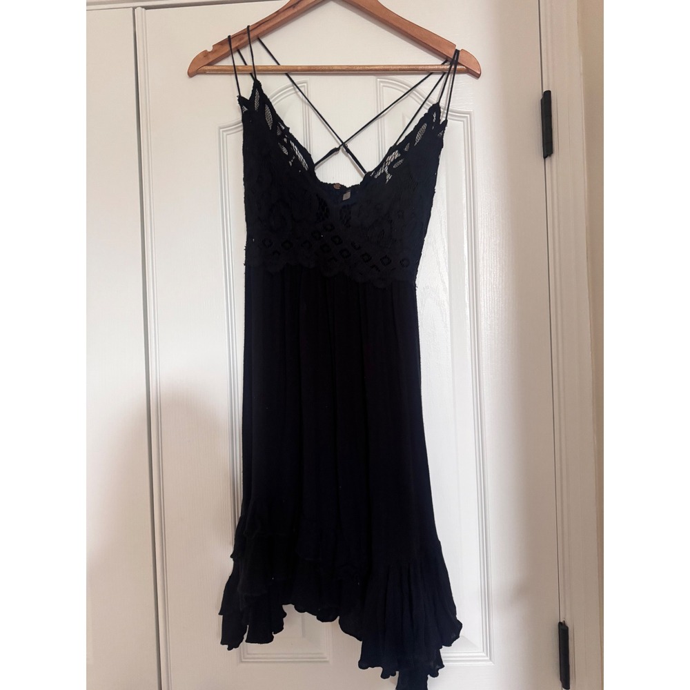Free People FP One Adele Mini Dress Black Lace Ruffle Boho Sleeveless Medium